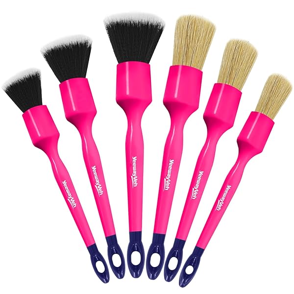 YeewayVeh 6PCS Car Detailing Brush Set, 3pcs Boars Hair Detailing Brushes, 3pcs Ultra Soft Detail Brush for Leather Seat Air Vents Engine Bay, Detail Brushes Car Detailing for Interior Exterior, Pink