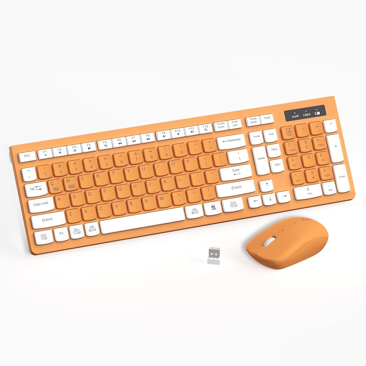 Combinación silenciosa de teclado y mouse inalámbricos para la oficina y el hogar (Naranja-A) | Teclado inalámbrico silencioso de tamaño completo de 2,4G con patas inclinables, ratón silencioso de 3 niveles DPI, para Windows, Mac OS/escritorio/portátil/PC