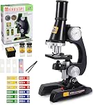 Kit Microscope pour enfants avec LED lampe - 100X/400X/1200X Agrandissement pour STEM Apprendre, 12 Diapositives préparées, trousse d'apprentissage facile à utiliser en sciences (âges 5 à 12) - noir