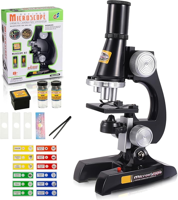 Kids Microscope with LED Light - 100X/400X/1200X Magnification | Beginner science kit, includes prepared 12 slides, monocular view, educational STEM gift for ages 5-12, Black