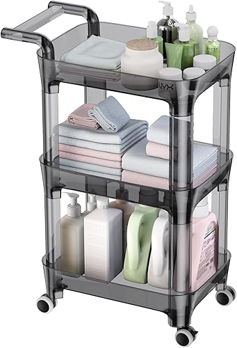 LEHOM Carrito de almacenamiento con ruedas de 3 niveles, carrito de plástico con asa, organizador de almacenamiento de cocina con ruedas