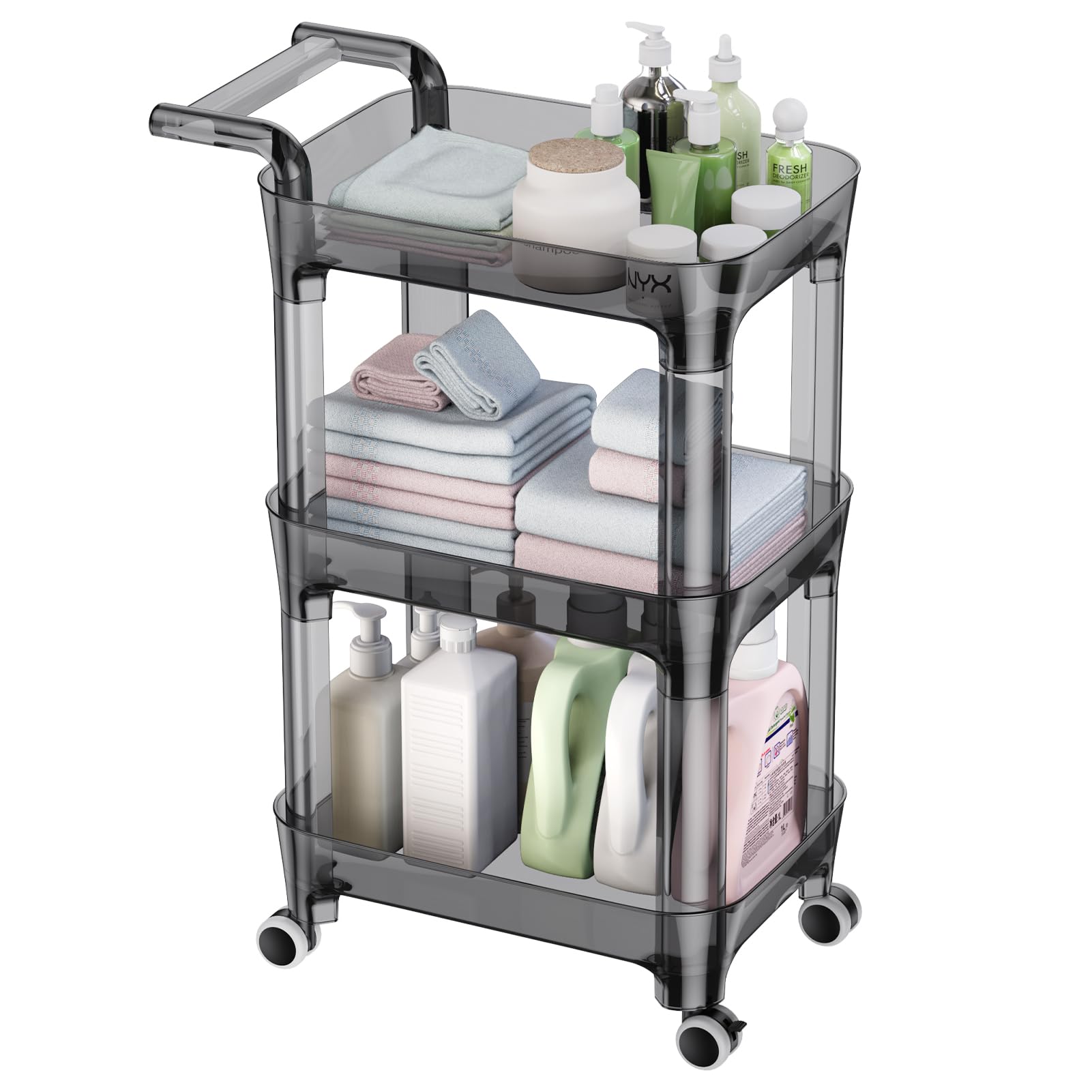 LEHOM 3-Tier Rolling Storage Cart - Plastic Utility Cart with Handle Kitchen Storage Organizer with Lockable Wheels, Mobile Trolley Book Cart for Bedroom Bathroom Dorm Living Room Office, Gray