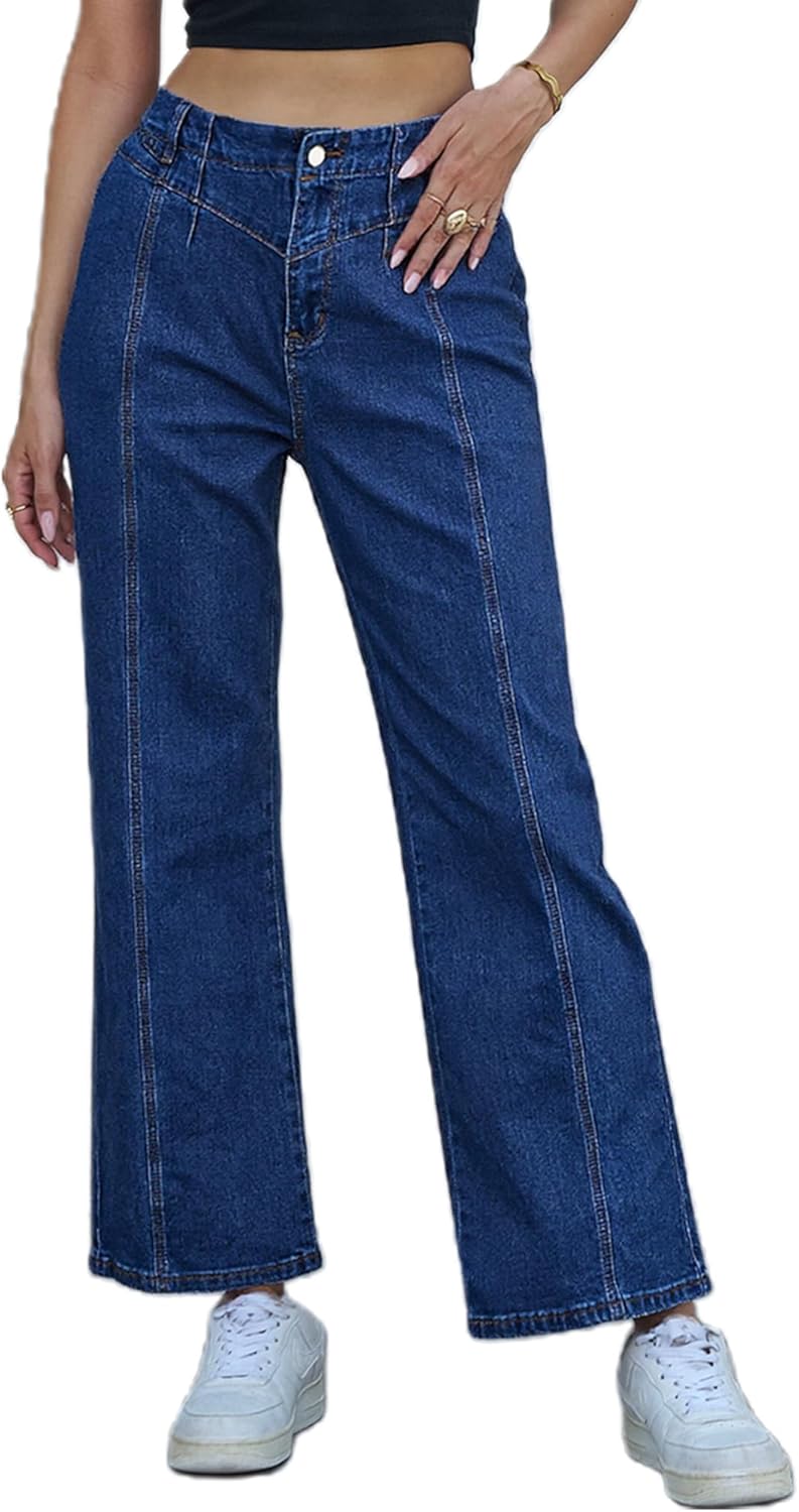 Wide Leg Jeans for Women Trendy High Waisted Straight Leg Stretchy Jeans Seamed Paneling Loose Baggy Denim Pants - Image 2