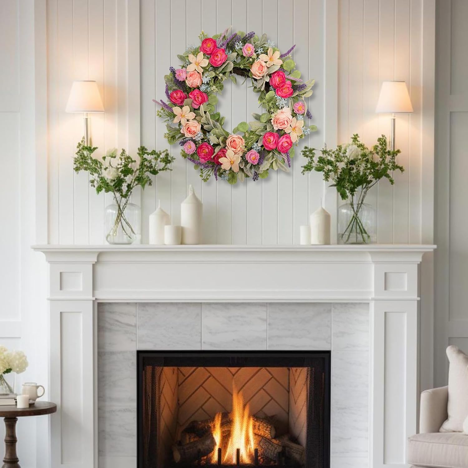 24 Inch Spring Wreath for Front Door, Magenta Pink Rose Floral Wreath with Lavender, Eucalyptus, Lamb's Ear and Blue Wildflowers, Silk Summer Wreath for Home Porch Wall Window Seasonal Decor