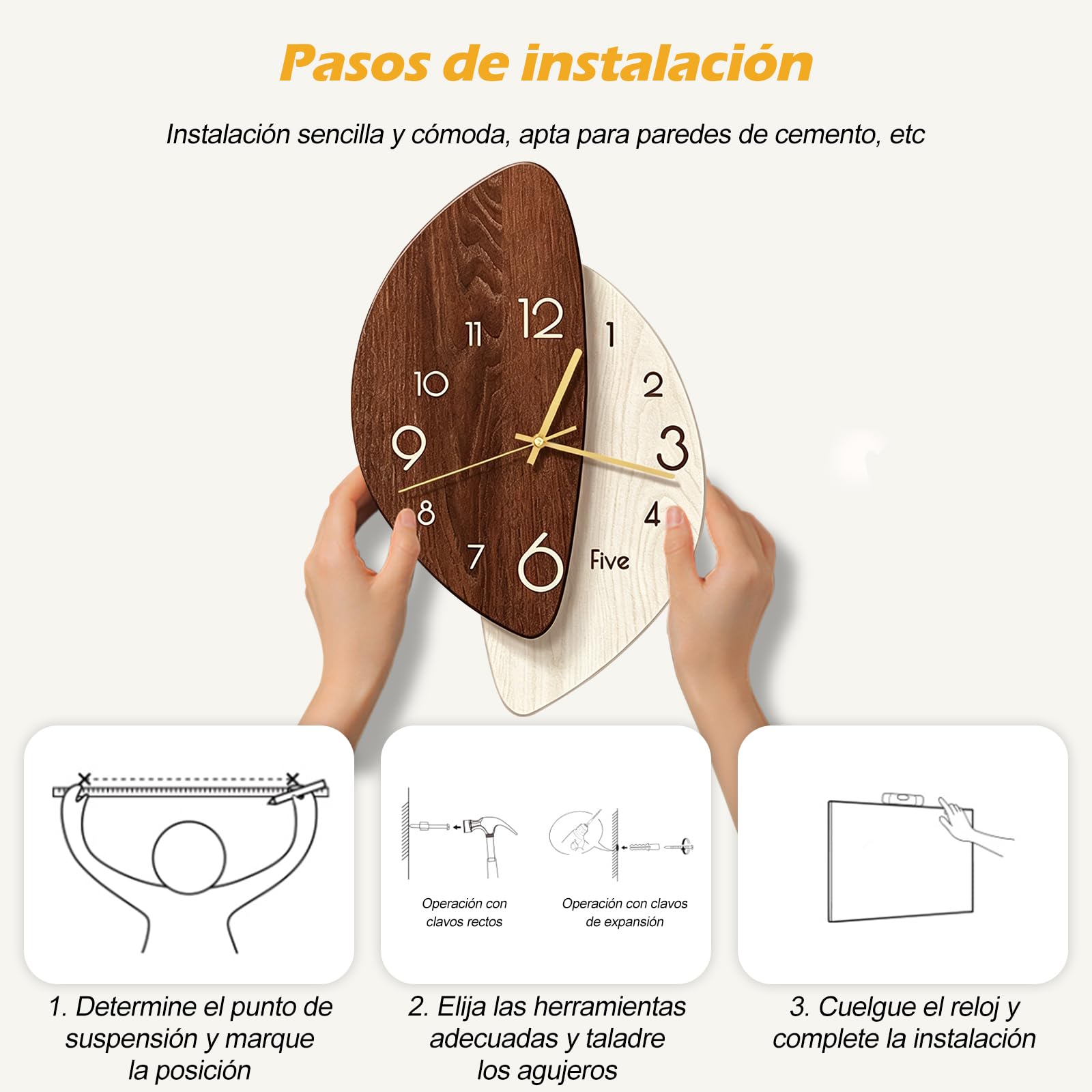 Ergocar Reloj De Pared con Diseño Artístico Moderno Vetas Madera Irregulares En Dos Capas Acabado Mate 3D Batería Larga Duración Silencioso e Impermeable