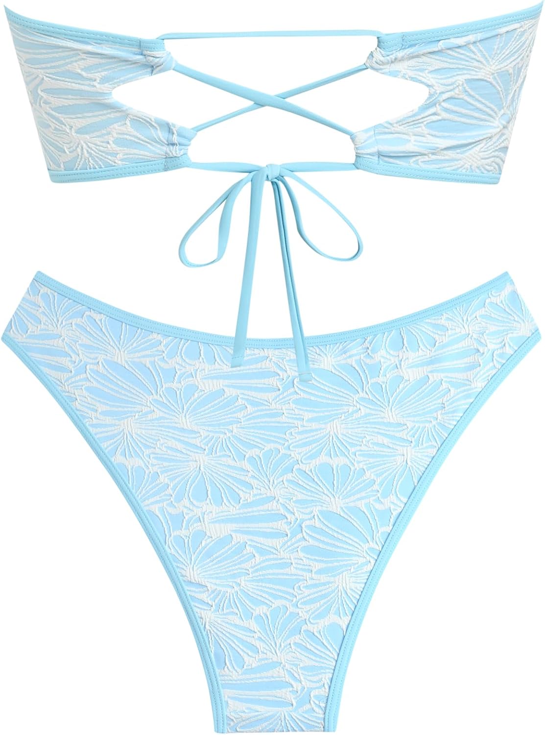 ZAFUL Women Strapless Textured Bandeau Bikini 2 Piece Swimwear Cheeky Solid Lace up Bathing Suits