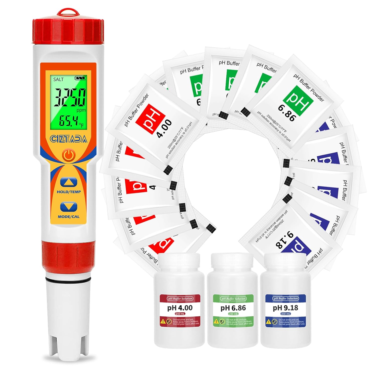 Pool Salt and pH Tester with pH 6.86/4.00/9.18 Buffer Powders 5 in 1 Salt pH TDS EC Meter and pH Calibration Buffer Powder for Swimming Pool Aquarium Hydroponics