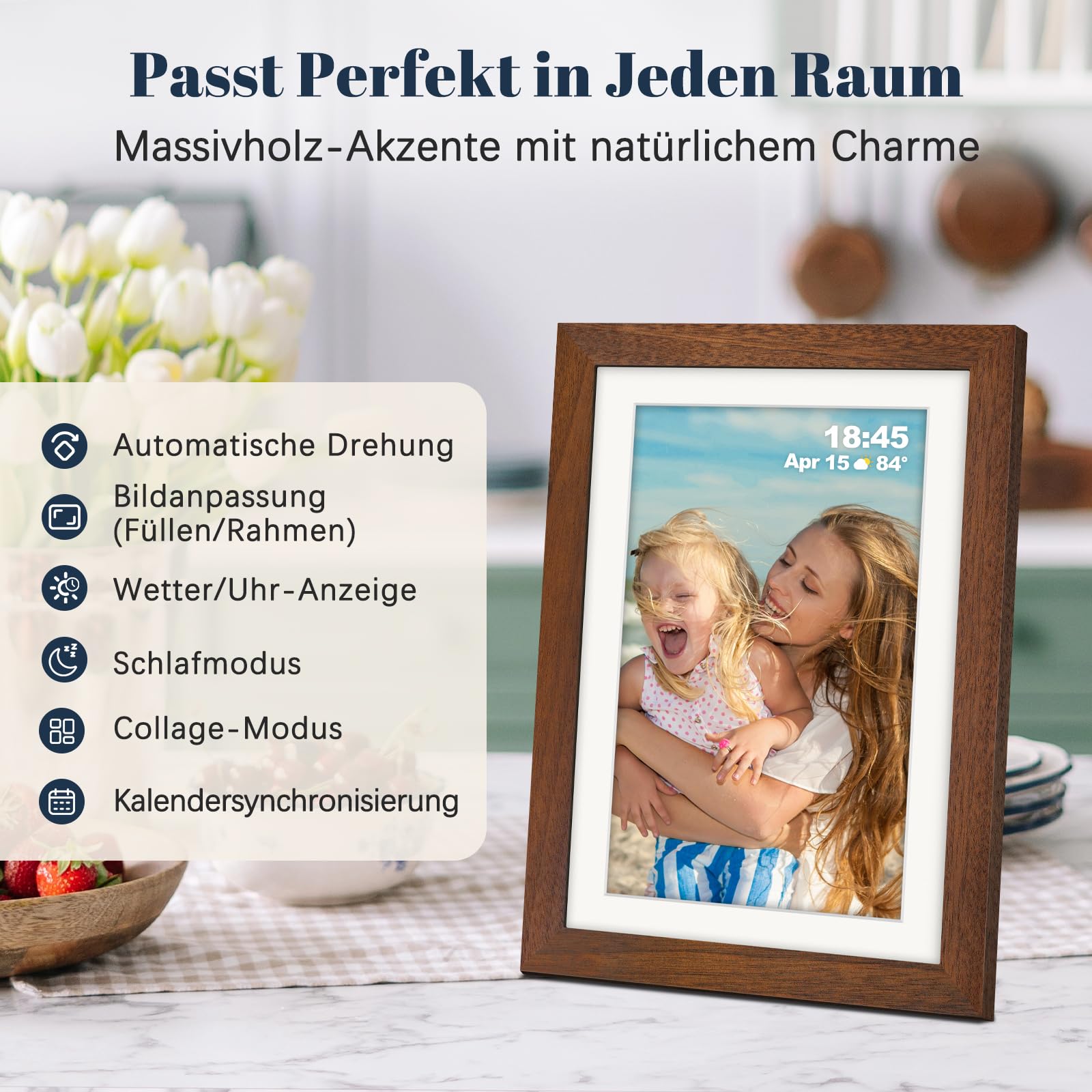 Frameo Digitaler Bilderrahmen WLAN 10.1 Zoll Walnussholz Elektronischer Bilderrahmen mit 32GB, 1280 * 800 HD IPS Touchscreen, Fotos/Videos Teilen über Frameo APP, Geschenk für Männer und Frauen