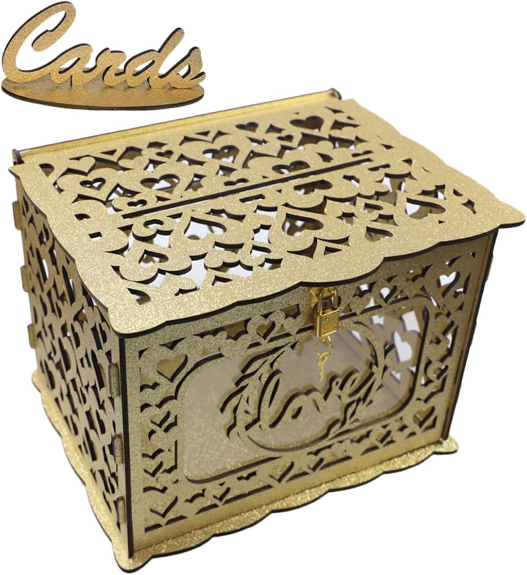 UPKOCH Wooden Card Box with Lock and Hollow Glitter Design, Wedding Reception Greeting and Blessing Envelope Holder, Anniversary and Graduation Card Storage Container, Rustic Decorative