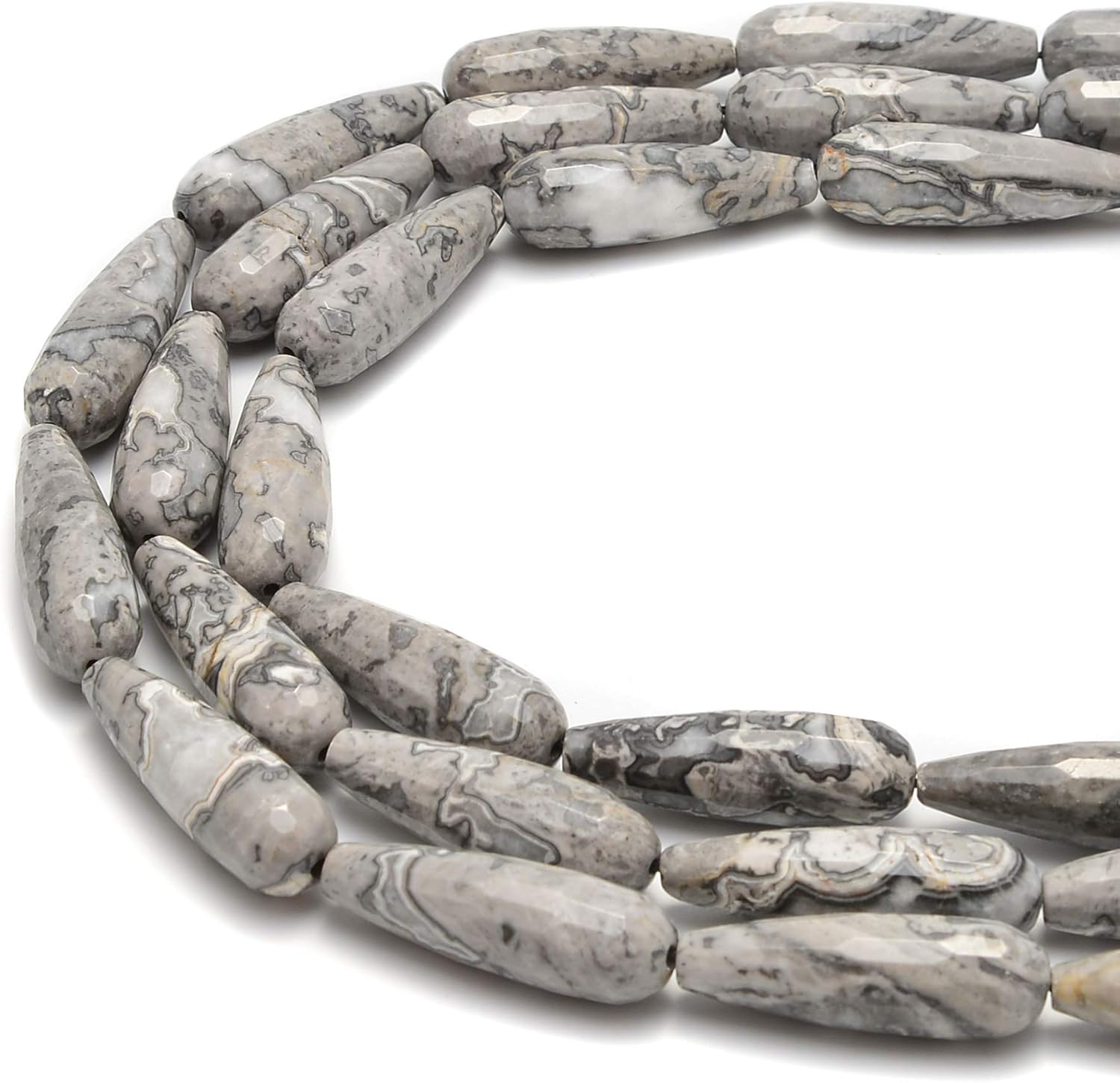 JM Design Gray Map Jasper Faceted Teardrop Beads Size 10x30mm 15.5" Strand for Jewelry Making