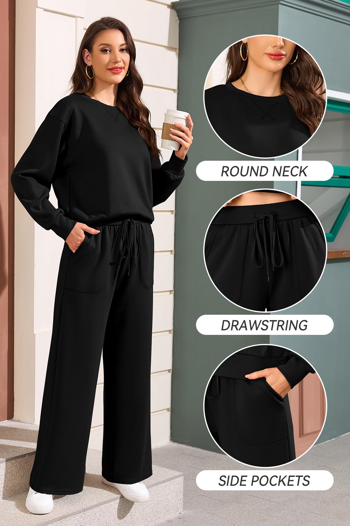SHEKINI Tute da donna 2 pezzi Set girocollo manica lunga pullover top e pantaloni a gamba larga tuta tuta lounge set 2025 S-XXL