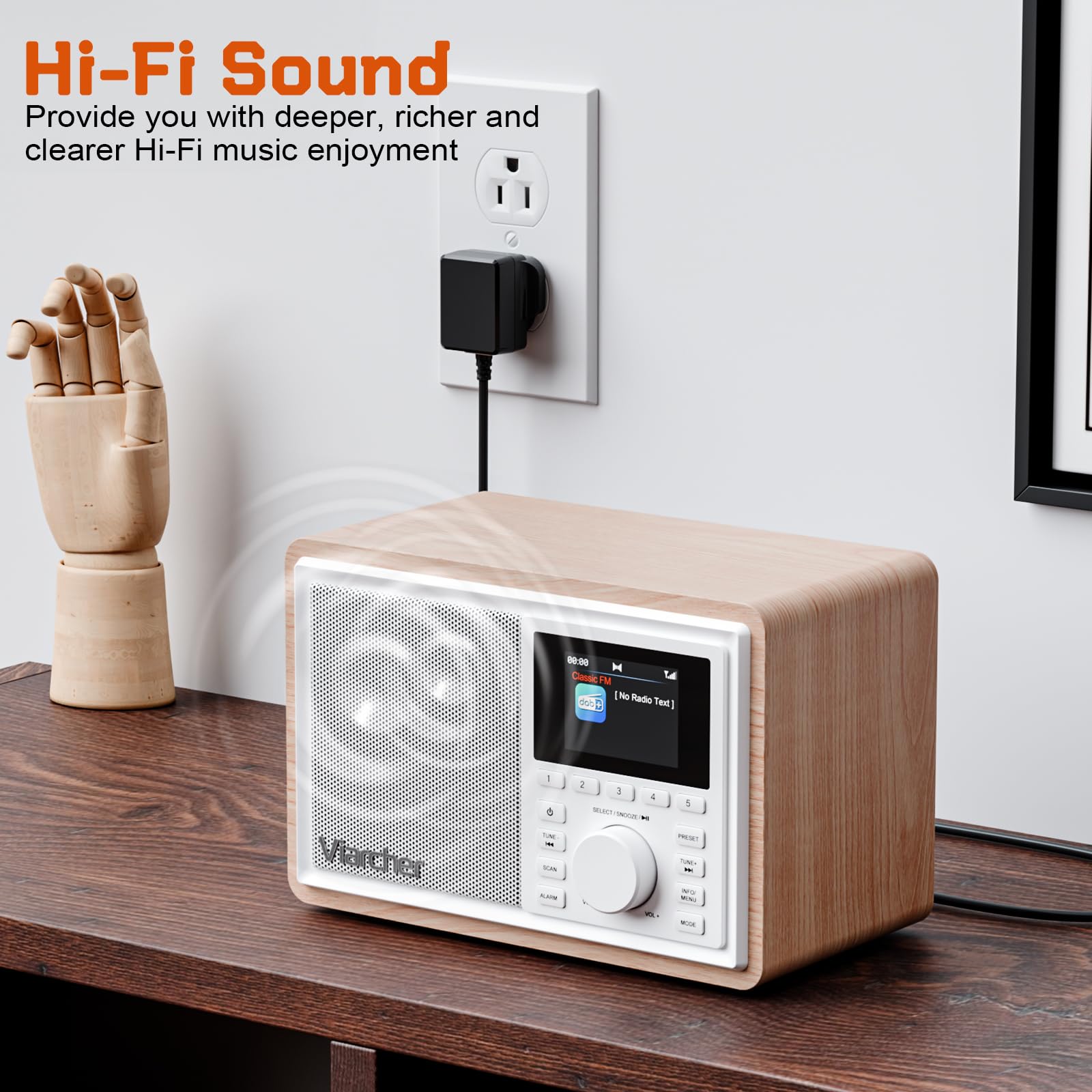 Radio numérique Dab/Dab+ & FM avec Bluetooth, Double Alarme, minuterie de Veille, 60 préréglages, entrée AUX, Prise Casque, écran Couleur 2,4'', Radio de Cuisine, Blanc/chêne