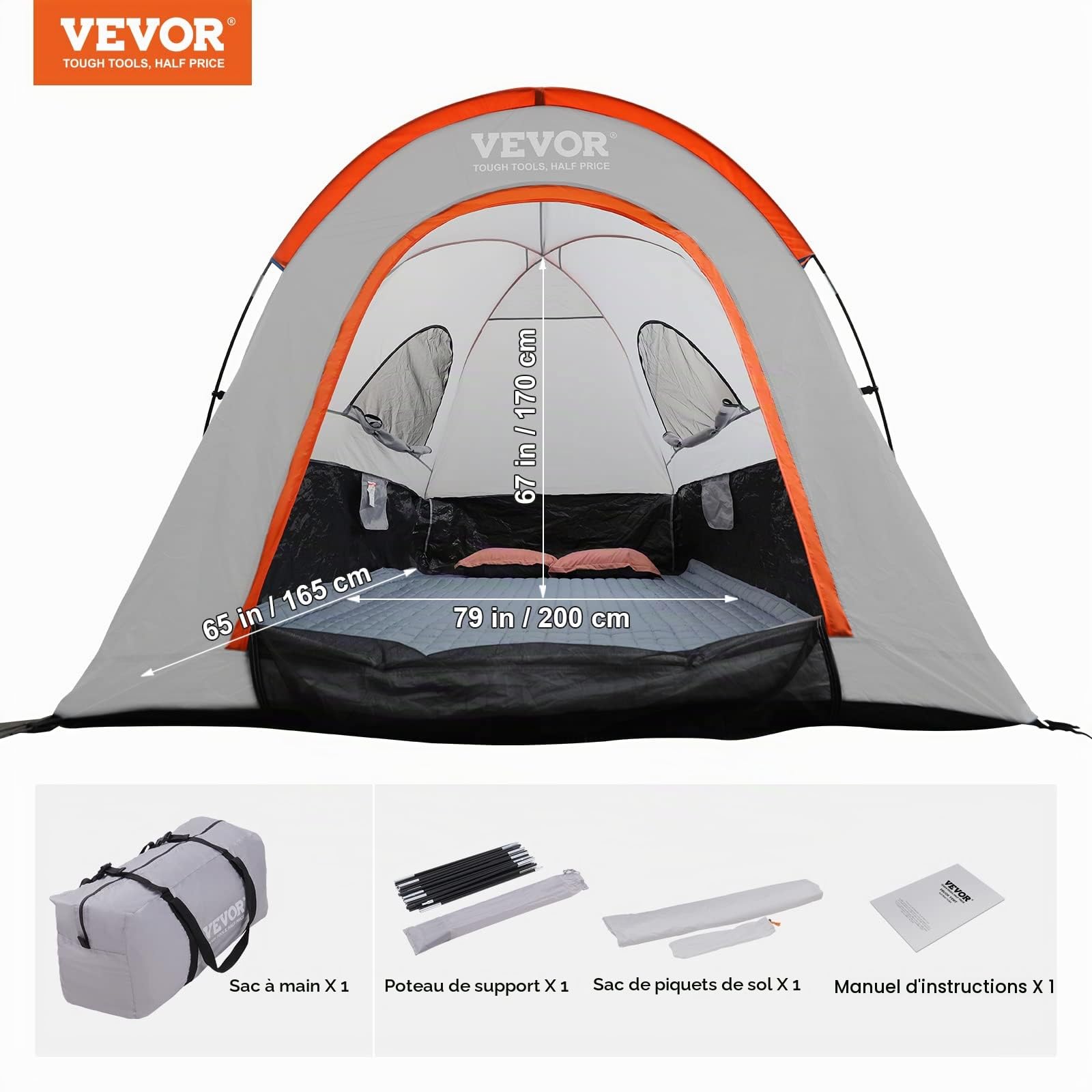 VEVOR Tente de lit pour camion, 2 à 2 m, avec couche de pluie et sac de transport, tente de camion double couche imperméable en polyuréthane 2000 mm, peut accueillir 2 à 3 personnes, pour le camping
