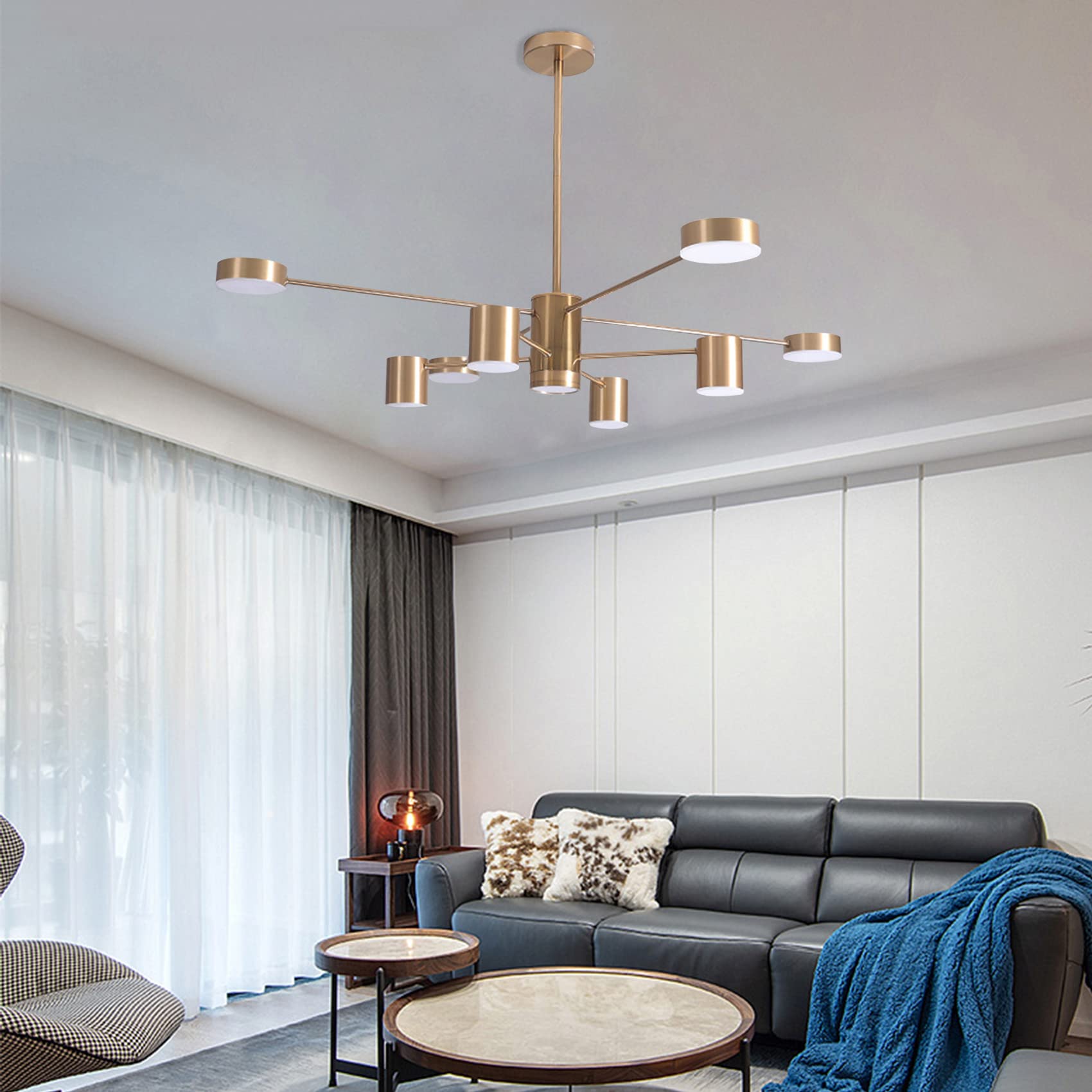 KRIPINC Sputnik Chandelier, LED Industrial Gold Chandelier, Mid Century Height Adjustable Ceiling Pendant Lamp for Living Room Bedroom (3 Light Colors, 12 1