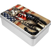 Silver Tin Containers with Lids 7X4.33X2.16 Inch Metal Tin Box Silver Storage Box for TCG Cards,Car Keys,Cookies, Change Coins,Jewelry,Candies and Other Small Items,Flag Cat