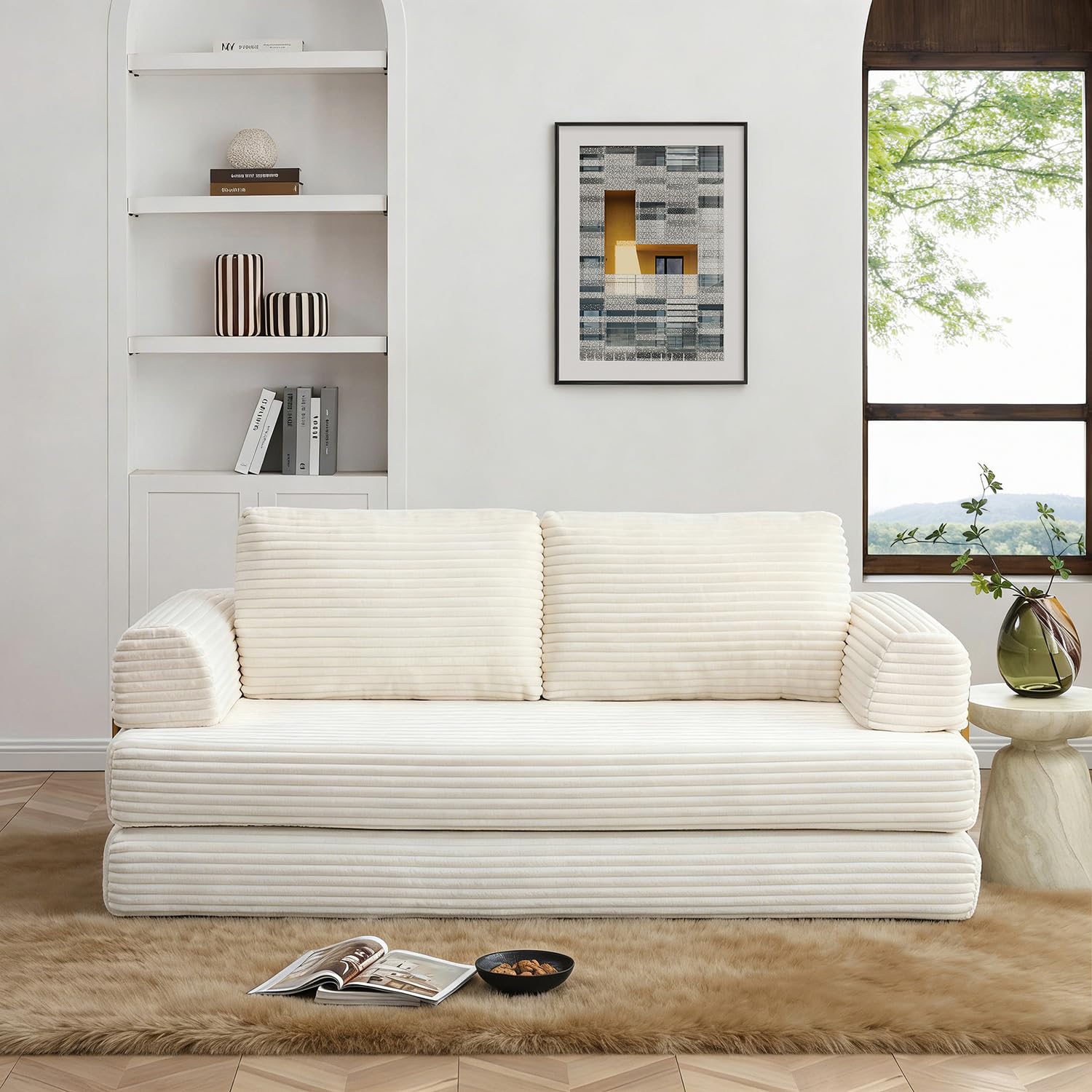 ivoros 80” Convertible Sleeper Sofa Bed, High Back Plush Corduroy Boneless Futon Loveseat with Pull Out Bed, Fixed-Shape Folding Floor Mattress Couch, No Assembly Required (Beige)