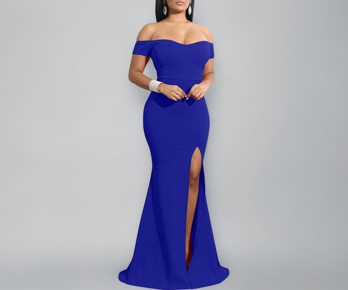 YMDUCH Women's Off Shoulder High Split Long Formal Party Dress Evening Gown