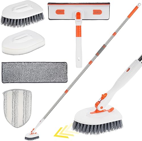 Alltope Cepillo de limpieza de ducha, cepillo de limpieza de azulejos 5 en 1 con mango largo de 67 pulgadas extensible, cepillo limpiador de suelo