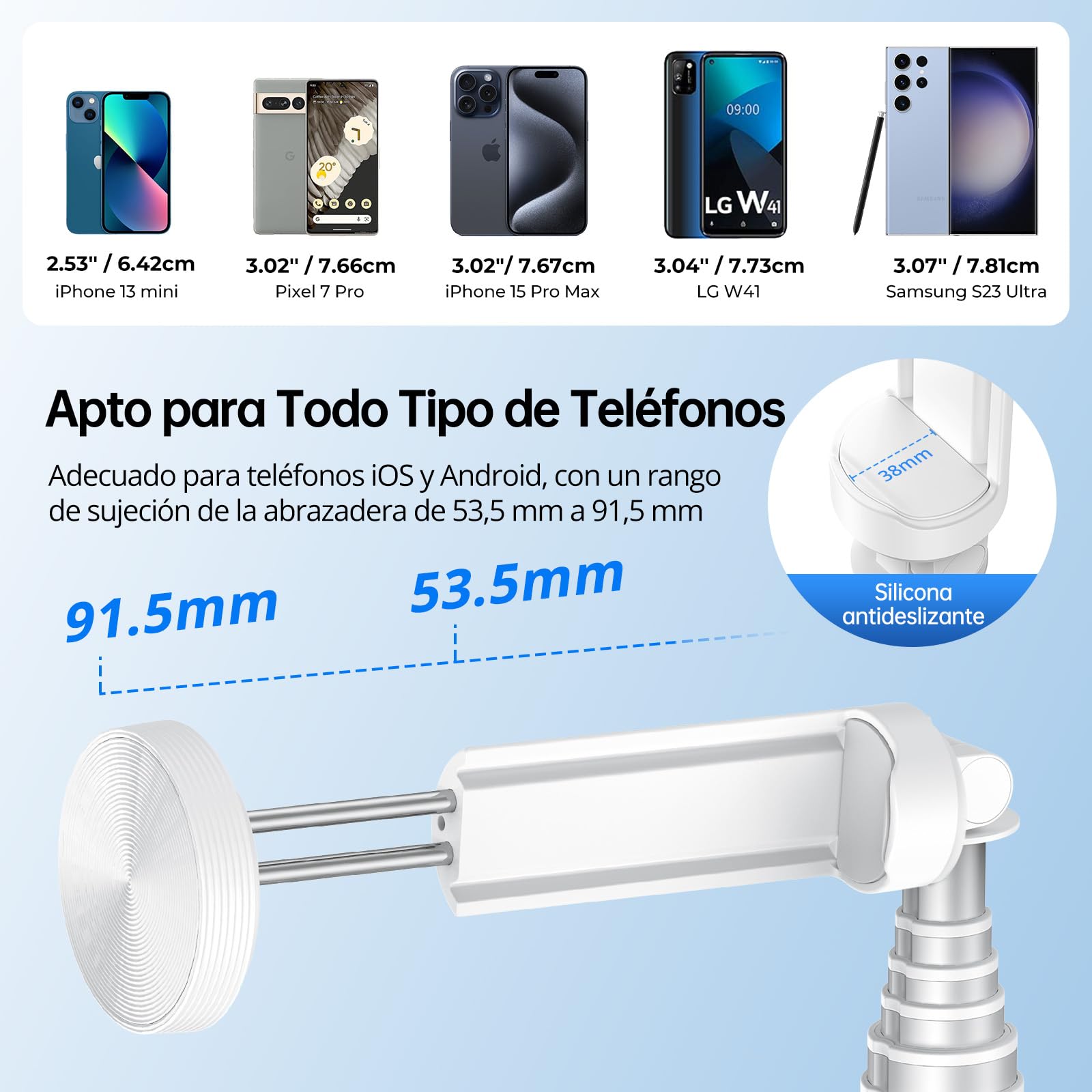 SYNCWIRE Palo Selfie 140cm, Selfie Stick con Ángulo Ajustable y Control Remoto Bluetooth Recargable, Trípode Extensible de Aluminio, Compatible con Teléfonos iPhone y Android （Blanco）