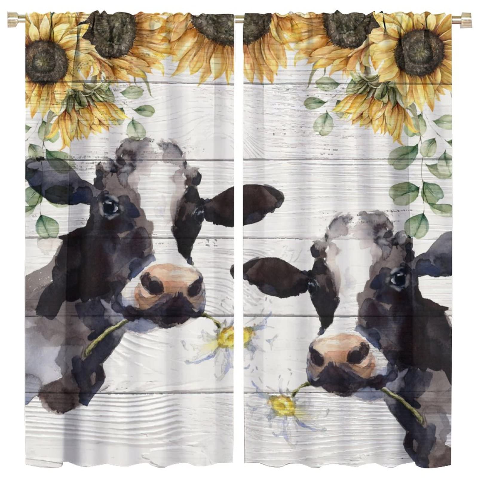 JESTRONRY Cow Window Curtains, Fun Farmhouse Animal Flowers Sunflower Room Darkening Door Window Rod Pocket Curtain for Living Room Bedroom Kitchen Bathroom W84xL84in