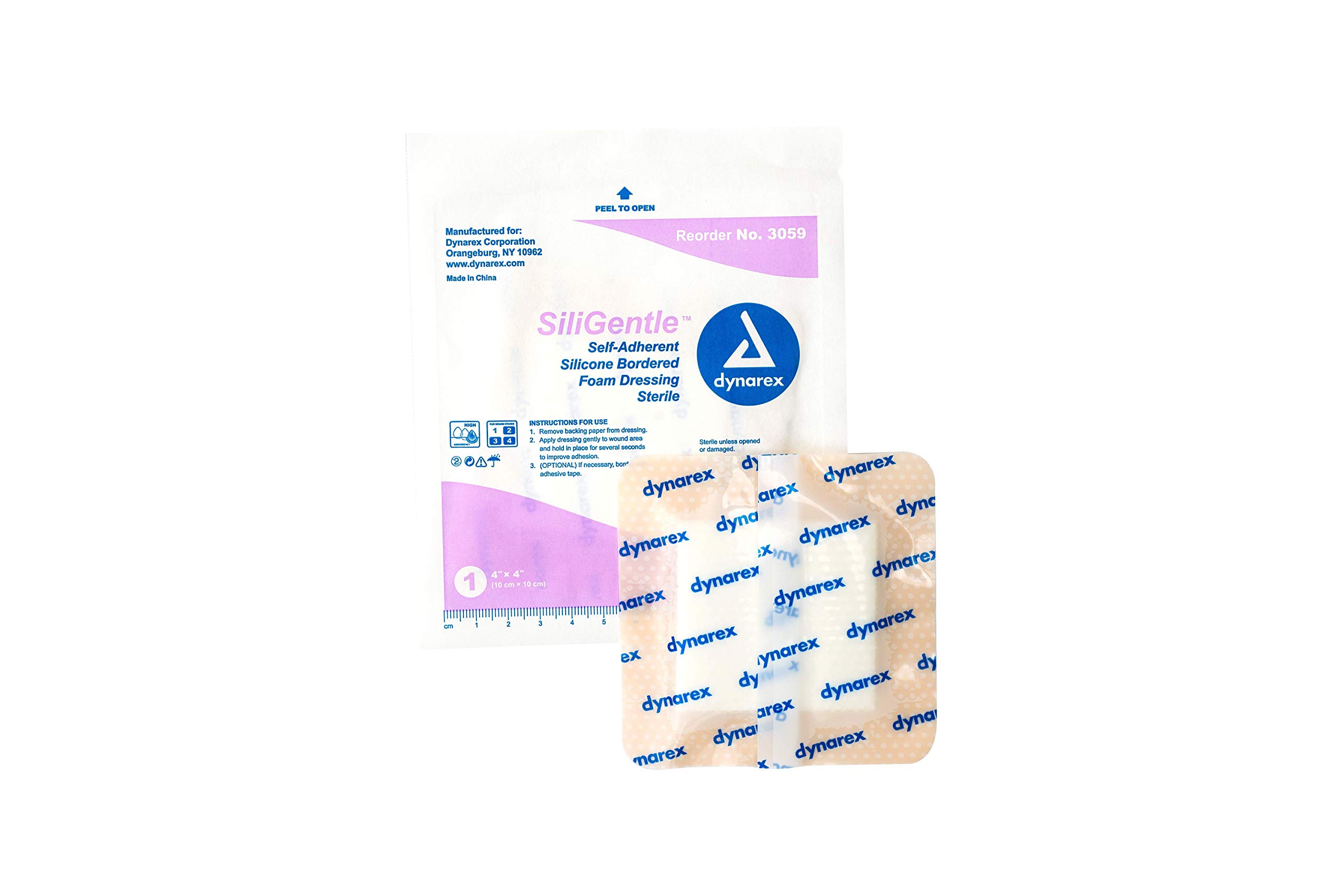 Dynarex Siligentle Sterile Silver Silicone Bordered Foam Dressing for Wound Care, 10 Count