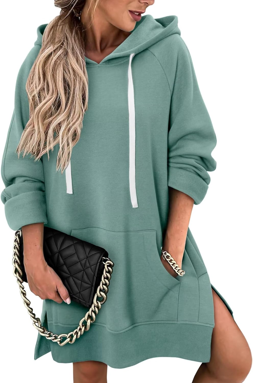 StunShow Women Oversized Sweatshirt Pullover Casual Split Hem Long Hoodie Dress with Kangaroo Pocket 2025 Fall - Image 3