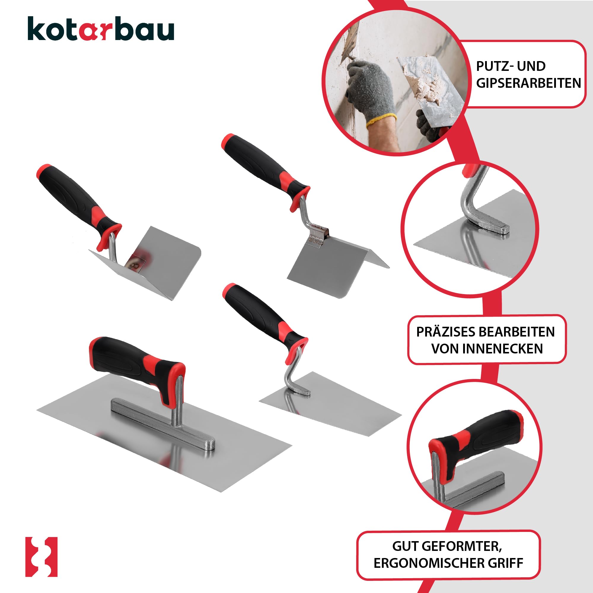 KOTARBAU® Juego de 4 paletas de albañil y paleta de esquina de acero inoxidable, 4 piezas, espátula de esquina, paleta de albañilería, paleta de yeso, juego de herramientas de yeso, paleta de alisado