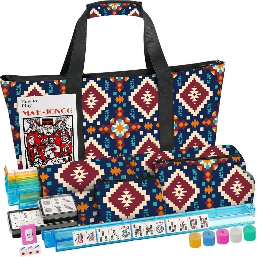 zhiyu&art decor Travel American Mahjong Tile Set,166 Pink Tiles Mahjong Game Set,4 Colors Mahjong Racks,Travel Mahjong Set with Blue Bohemia Carrying Bag