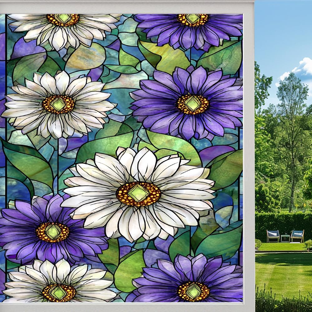Pmlbaous Vintage Flowers Privacy Window Film, Colorful Natural Daisies Frosted Self-Adhesive Vinyl Cling For Glass Doors Bathroom Windows Sun Blocking Heat Control, （40X90cm）