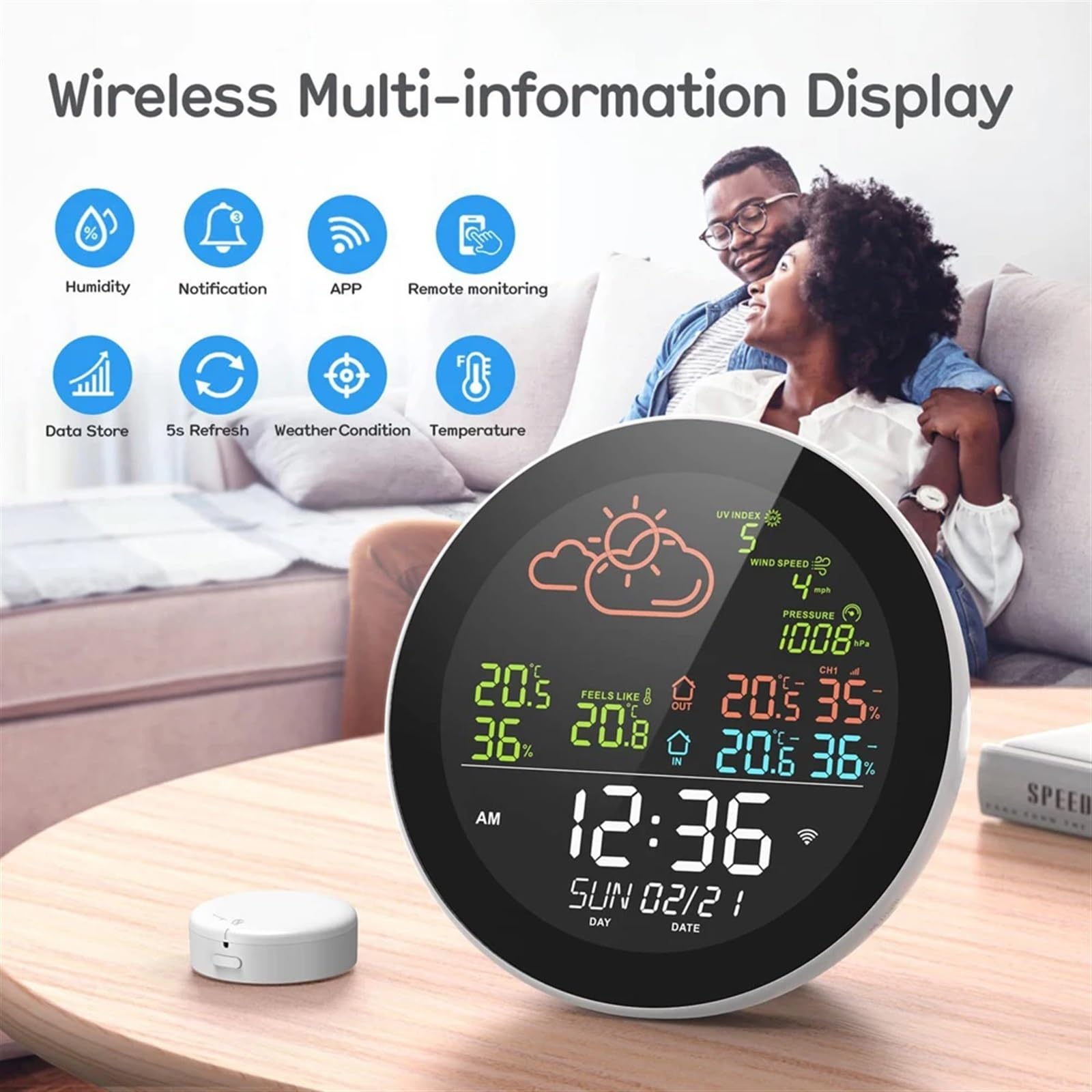 Stacja pogodowa, wewnętrzna i zewnętrzna stacja pogodowa z termometrem, higrometrem, prognoza pogody i zegar stołowy z czujnikiem zewnętrznym, do domu i ogrodu, 3 czujniki
