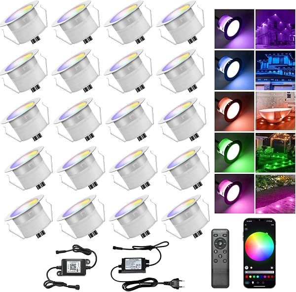 INDARUN WiFi Lampe au Sol Spot Encastrable RGB étanche IP67 Ø31mm - éclairage pour terrasse, patio, chemin, mur, jardin, décoration, intérieur et extérieur (20 pièces) - 1