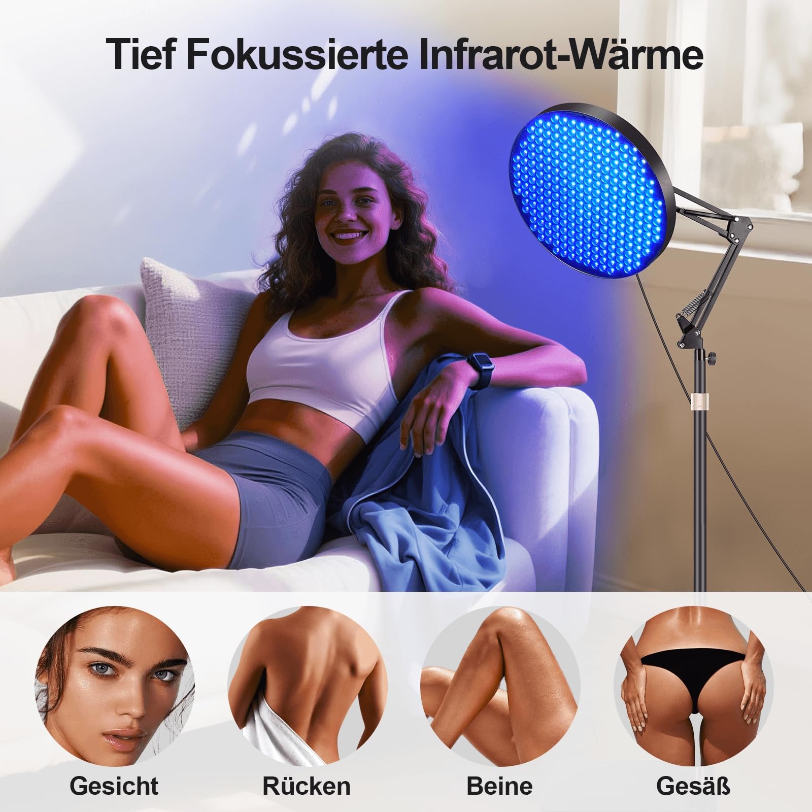 Solarium Für Zuhause, 50w Bräunungslicht Solarium 250 Leds Blaues Licht Gesichtsbräunungslampe, Sonnenlampe Für Gesicht Und Körper mit Verstellbarem Ständer & Sonnenbrille - Blau