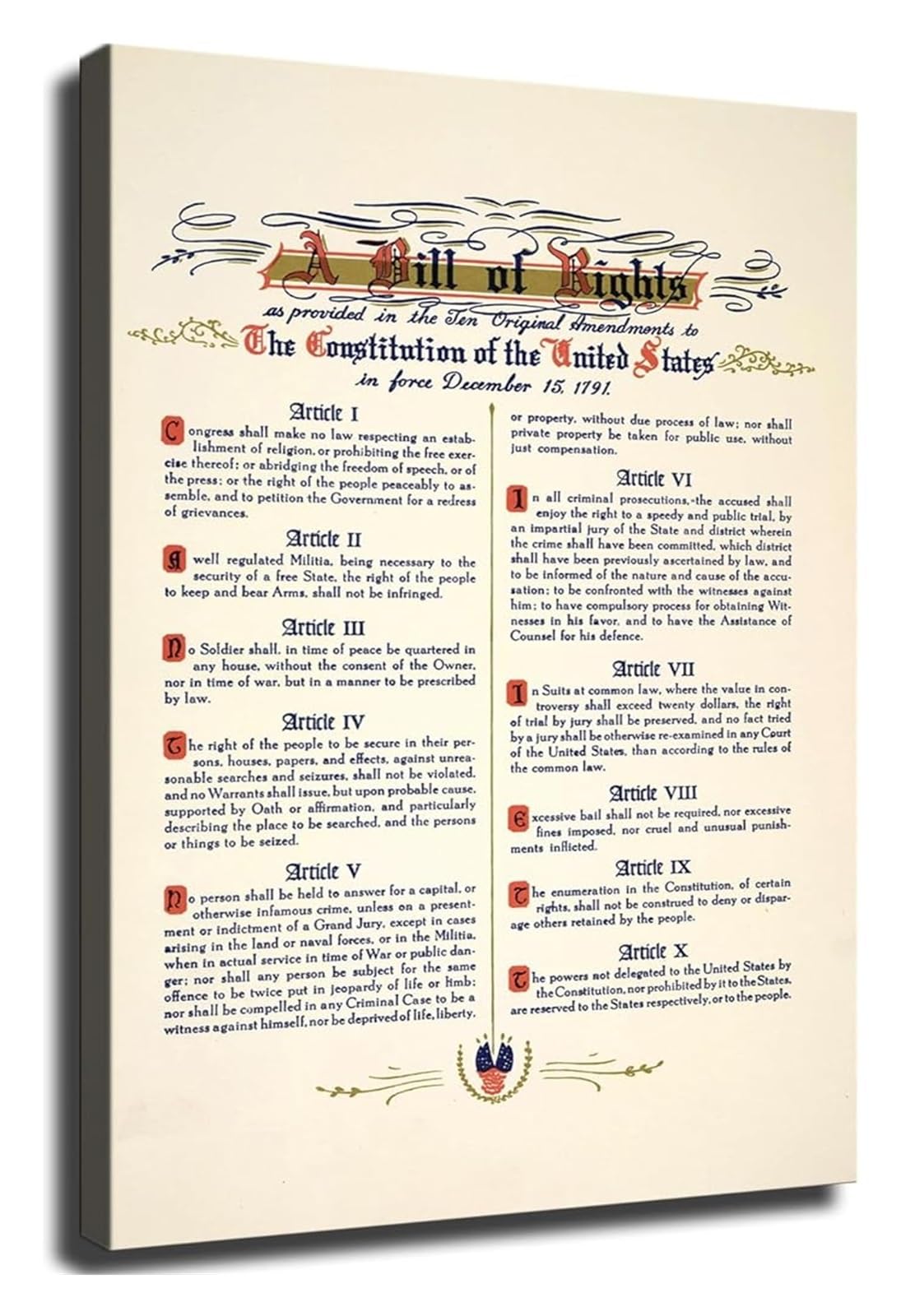 SSOPTMCB Bill of Rights Constitution Historical Document Poster Wall-Art for Library(Framed,16x24inch(40x60cm))