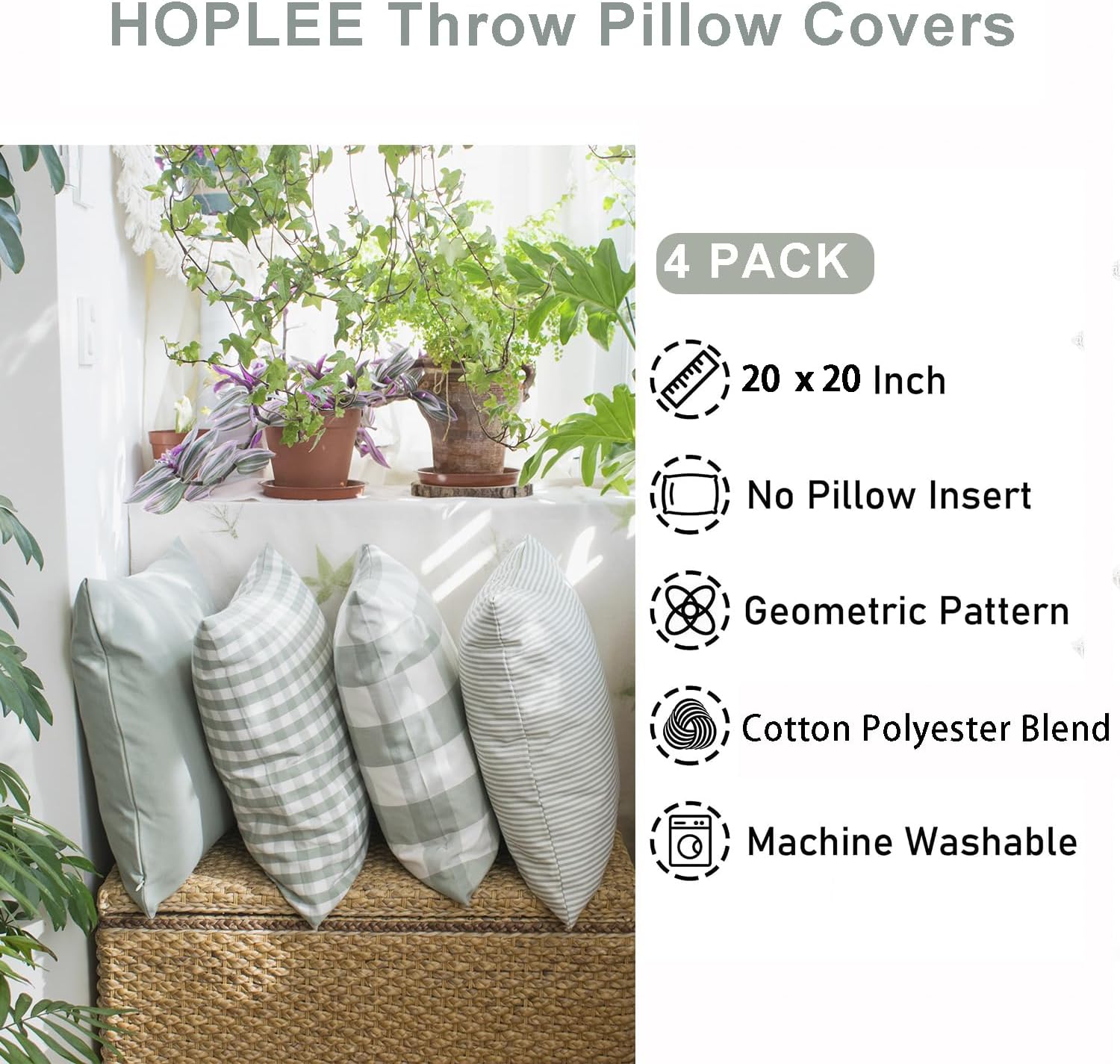HOPLEE Farmhouse Sage Green Fall Pillow Covers 20x20 Cushion Cover with Buffalo Plaid, Solid Sage Green, Striped and Gingham Plaid Design 20x20 inch,4 Pack