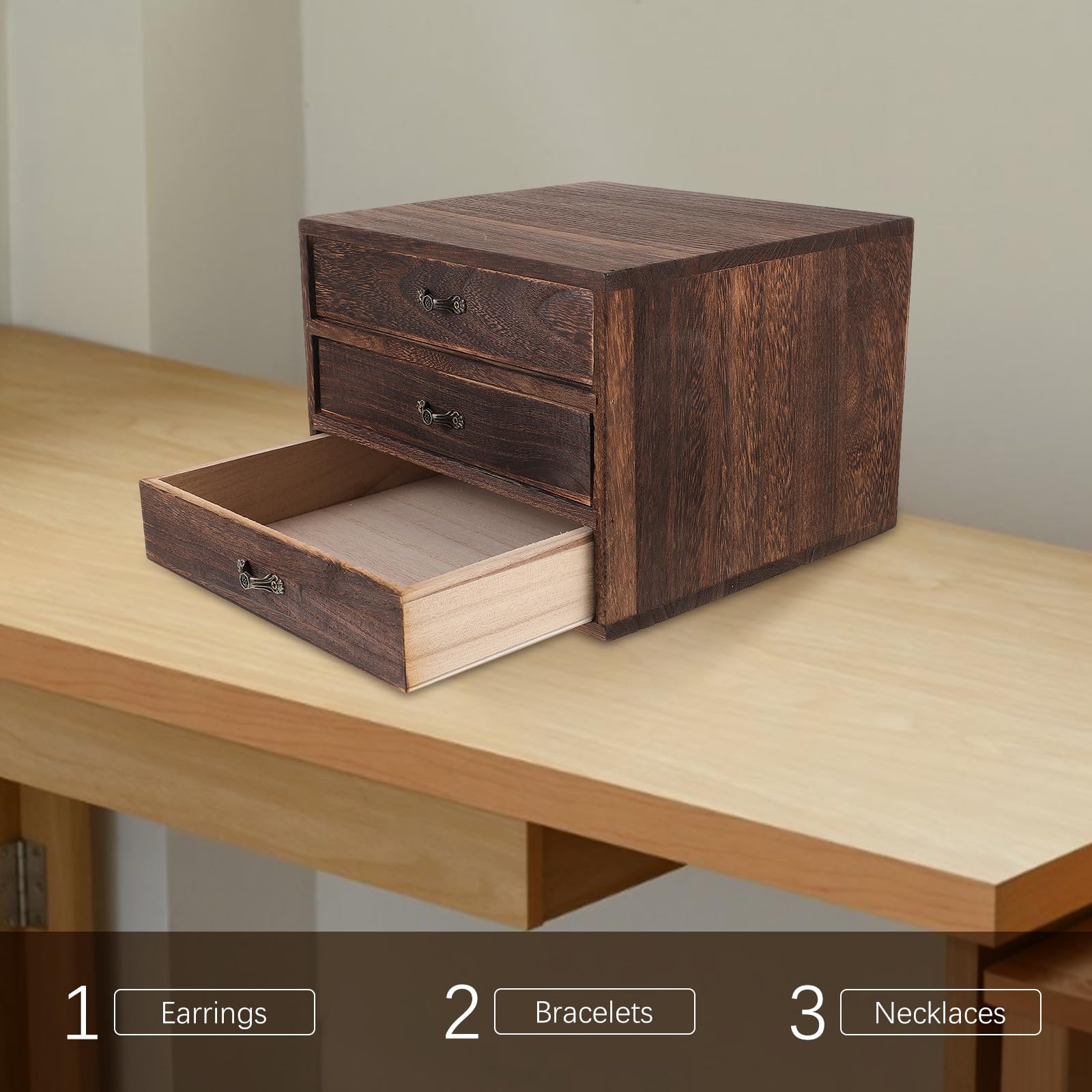 jojofuny Schreibtisch Organizer Holz mit Schublade 3 Stöckige Aufbewahrungsbox 23X23X17cm Vintage Kommode für Büro und Wohnzimmer Praktische Lösung für Schmuck und Geschenkaufbewahrung