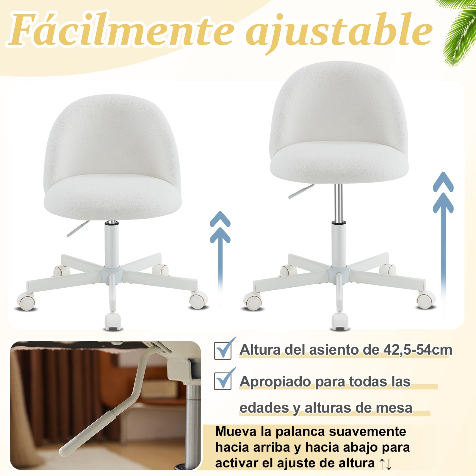 Silla de Escritorio, Silla Tocador, Oficina y Tocador, con Ruedas, Altura Regulable, Silla Compacta para Estudio, Dormitorio, Oficina en Casa, Tejido Teddy (Blanco)