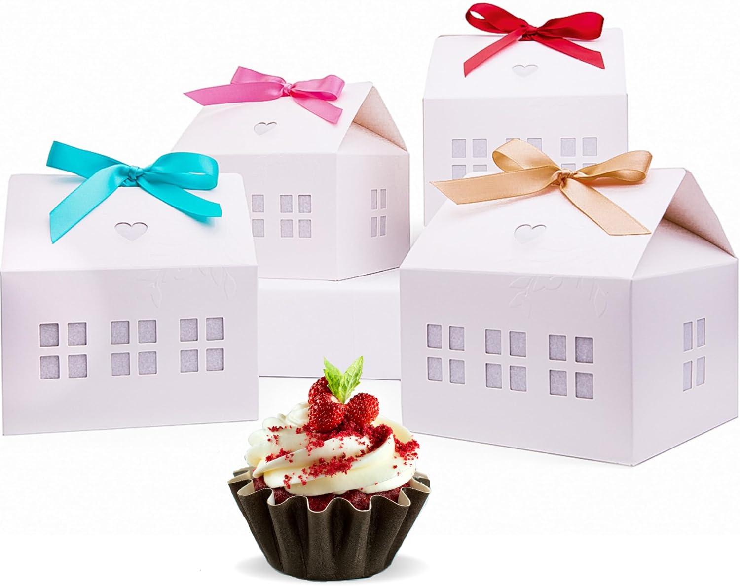 20 Pcs Classic House Shaped Gift Boxes with Bright Ribbons for Treats, Desserts, Fancy Cookie, White Gable Bakery Packaging