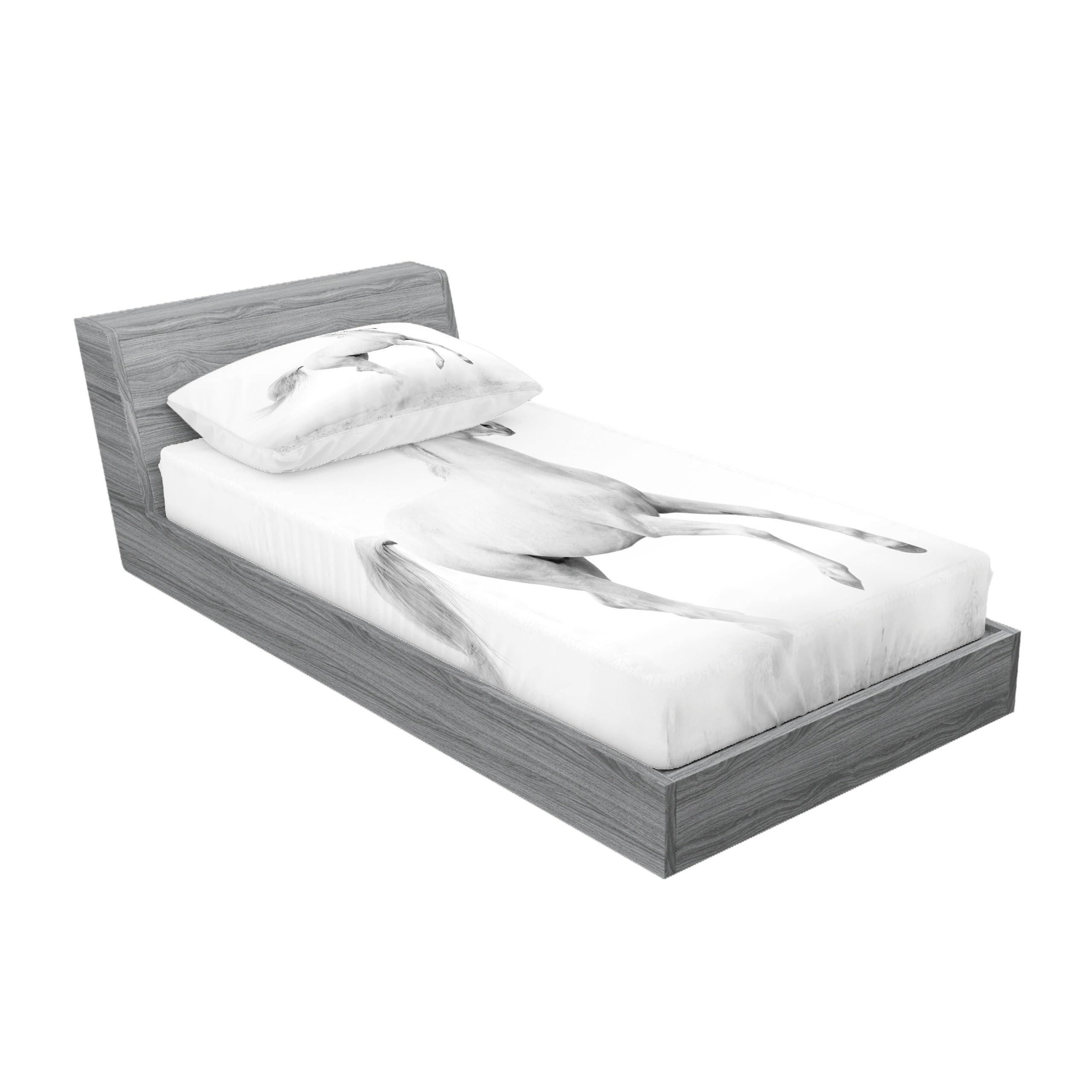 Ambesonne Black and White Fitted Sheet & Pillow Sham Set, White Stallion Running Horse Galloping Motion Speed Print, Decorative Printed 2 Piece Bedding Decor Set, Twinxl, White and Black