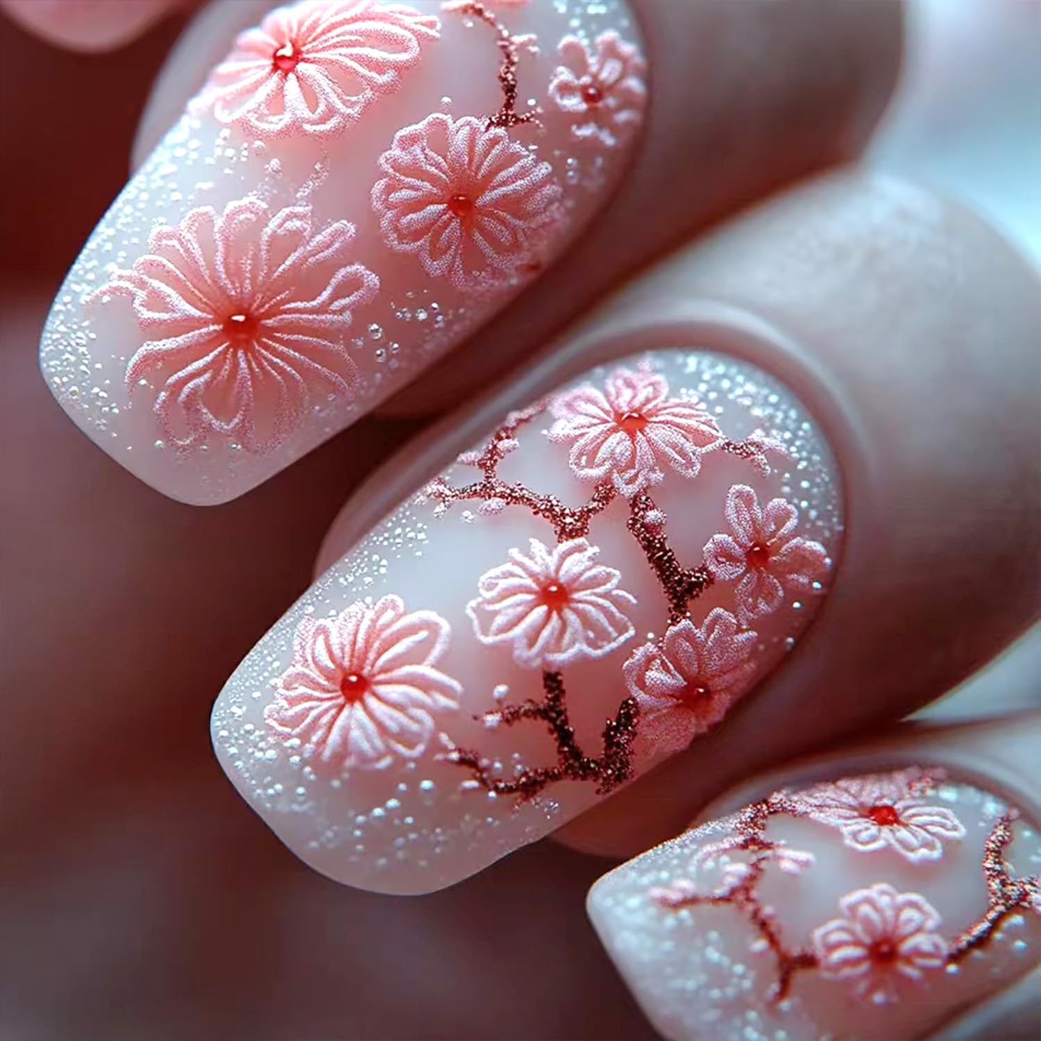 Pink Flower Press on Nails - Cherry Blossom Design