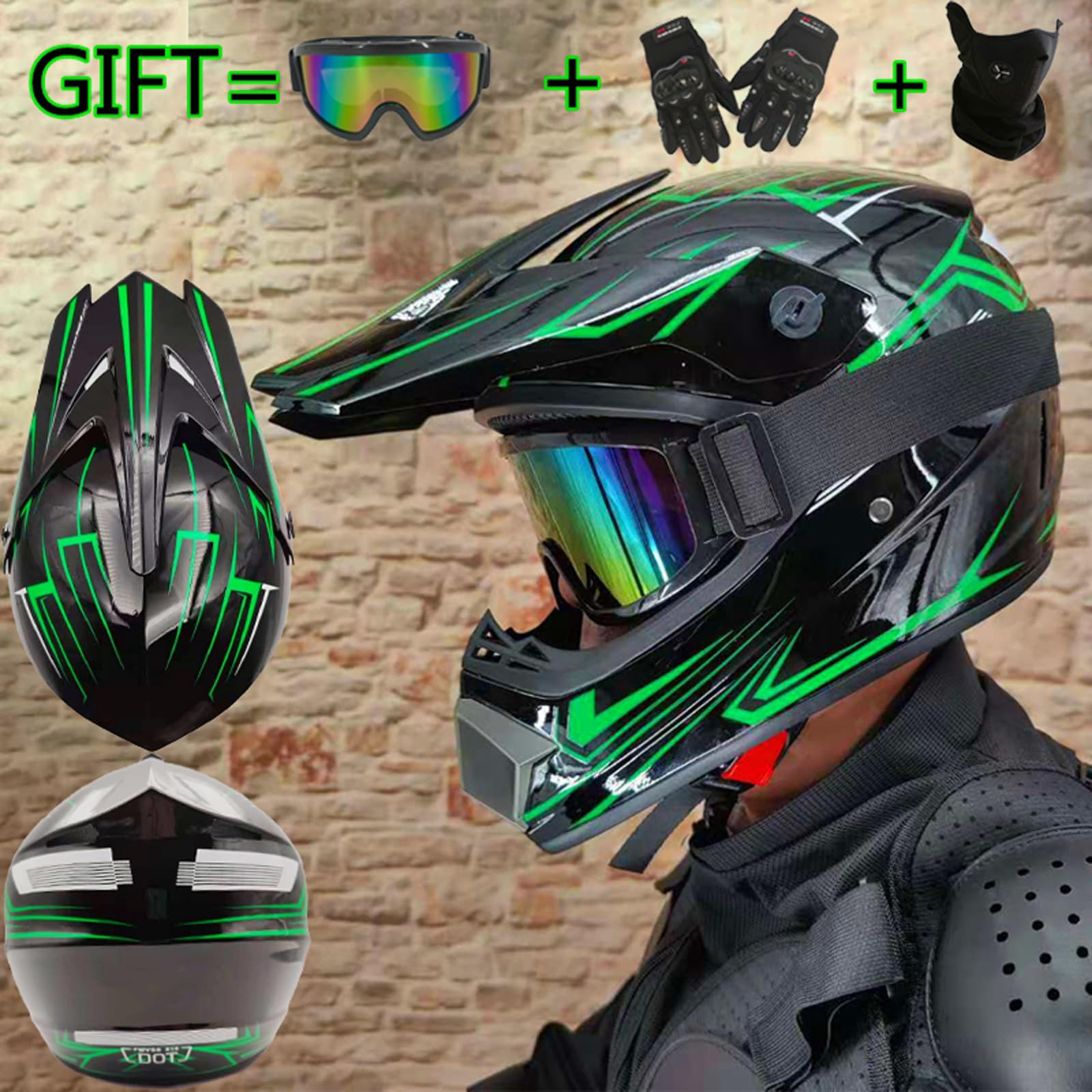 UIGJIOG Motorhelm Voor Kinderen, ATV Motorhelm DOT-Gecertificeerde Helm Met Veiligheidsbril Handschoenen, MTB-Helm Met Volledig Gezicht Inclusief Set Van 4 Maten,D