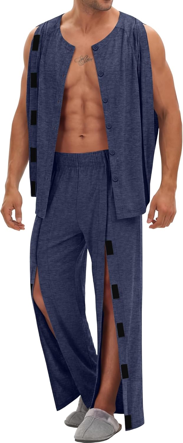 Mens Post Shoulder Surgery Shirt Tear Away Pant Fully Open Bedridden Patient Clothing Adaptive Hospital Gown Set