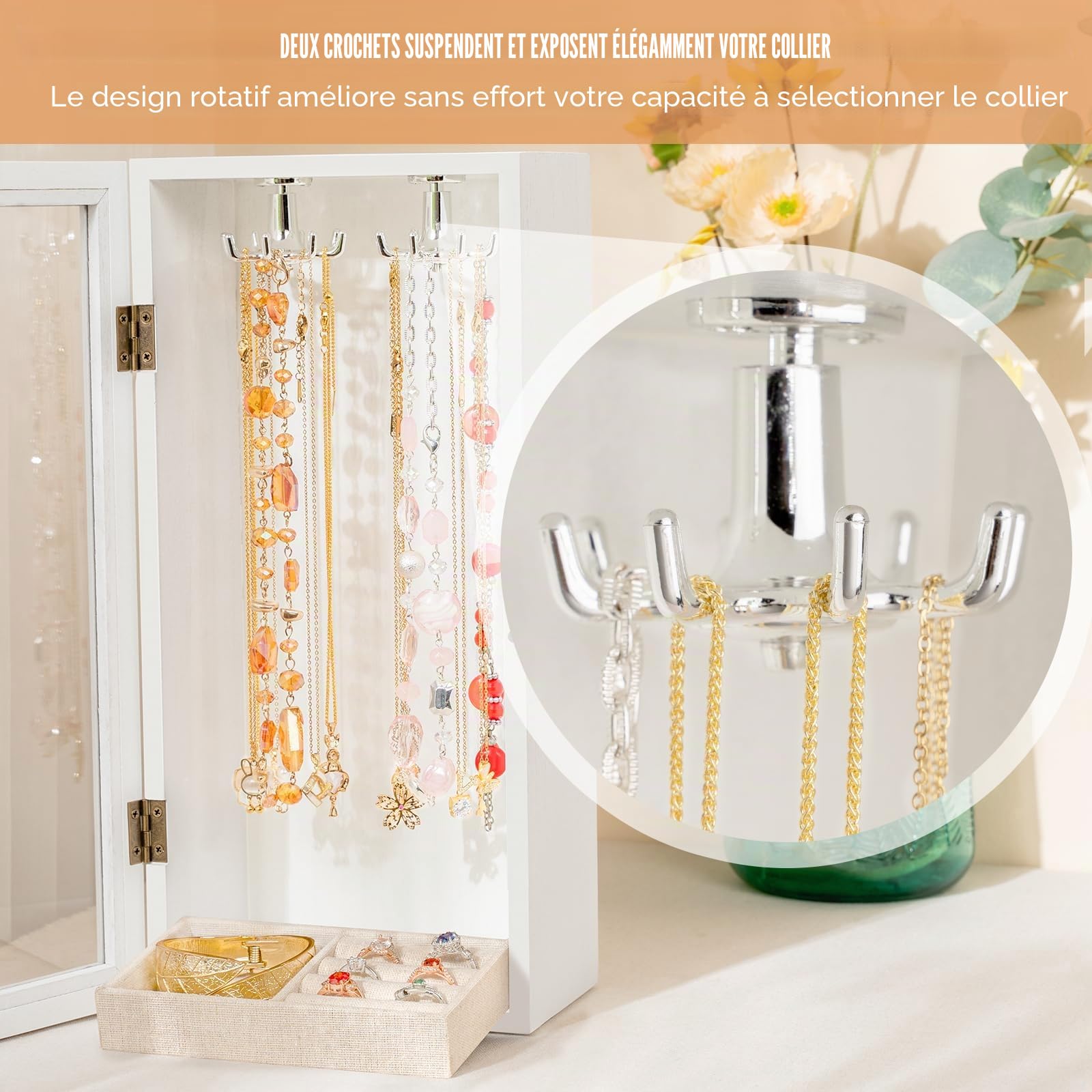 Porte colliers, présentoir bijoux en bois pour femmes, boîte de rangement rotative avec plateau à bagues, présentoir et rangement pour colliers, bracelets, bagues（Blanc）