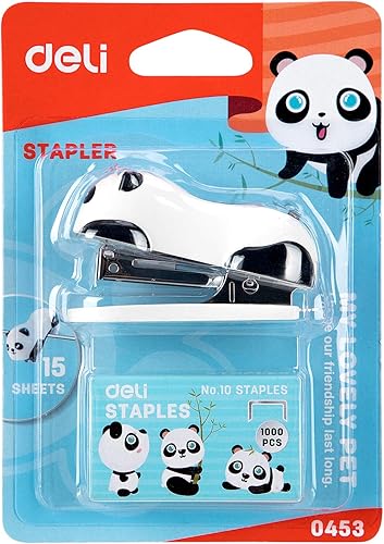 Vista 6 de Deli Mini grapadora de escritorio Cute Panda, engrapadora de oficina, capacidad para 12 hojas, incluye removedor de grapas integrado y 1000 grapas
