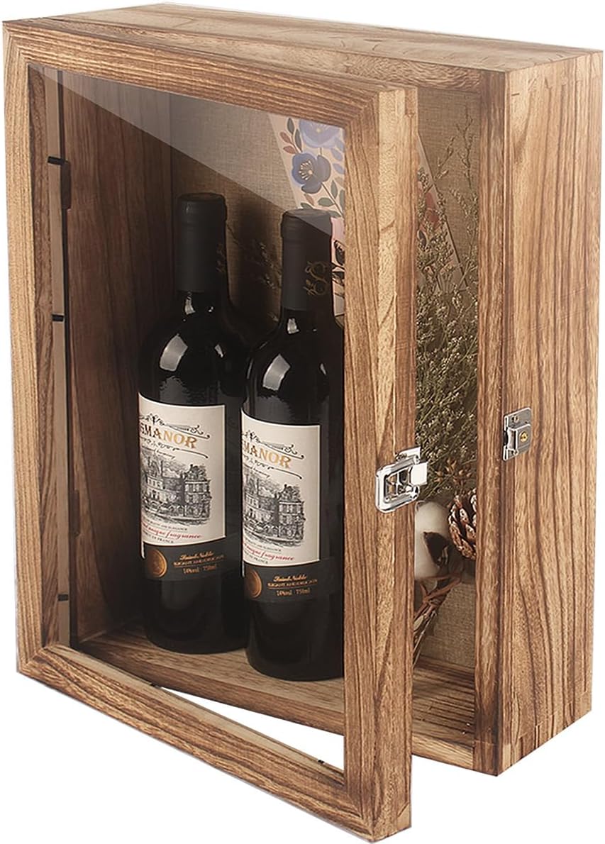 12”x17” Deep Shadow Box Frame Large Display Cases Wooden Wall-Mounted Hinged Door for Red Wine Bottles,Champagne,Big Liquor Etc (Carbonized Color)