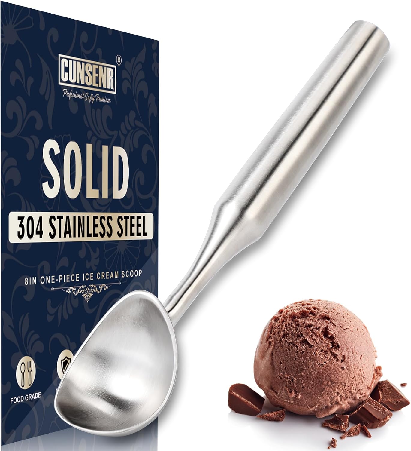 Stainless Steel Ice Cream Scoop - Heavy Duty Ice Cream Scooper with Ergonomic Handle - One-Piece Metal Ice Cream Spoon for Gelato