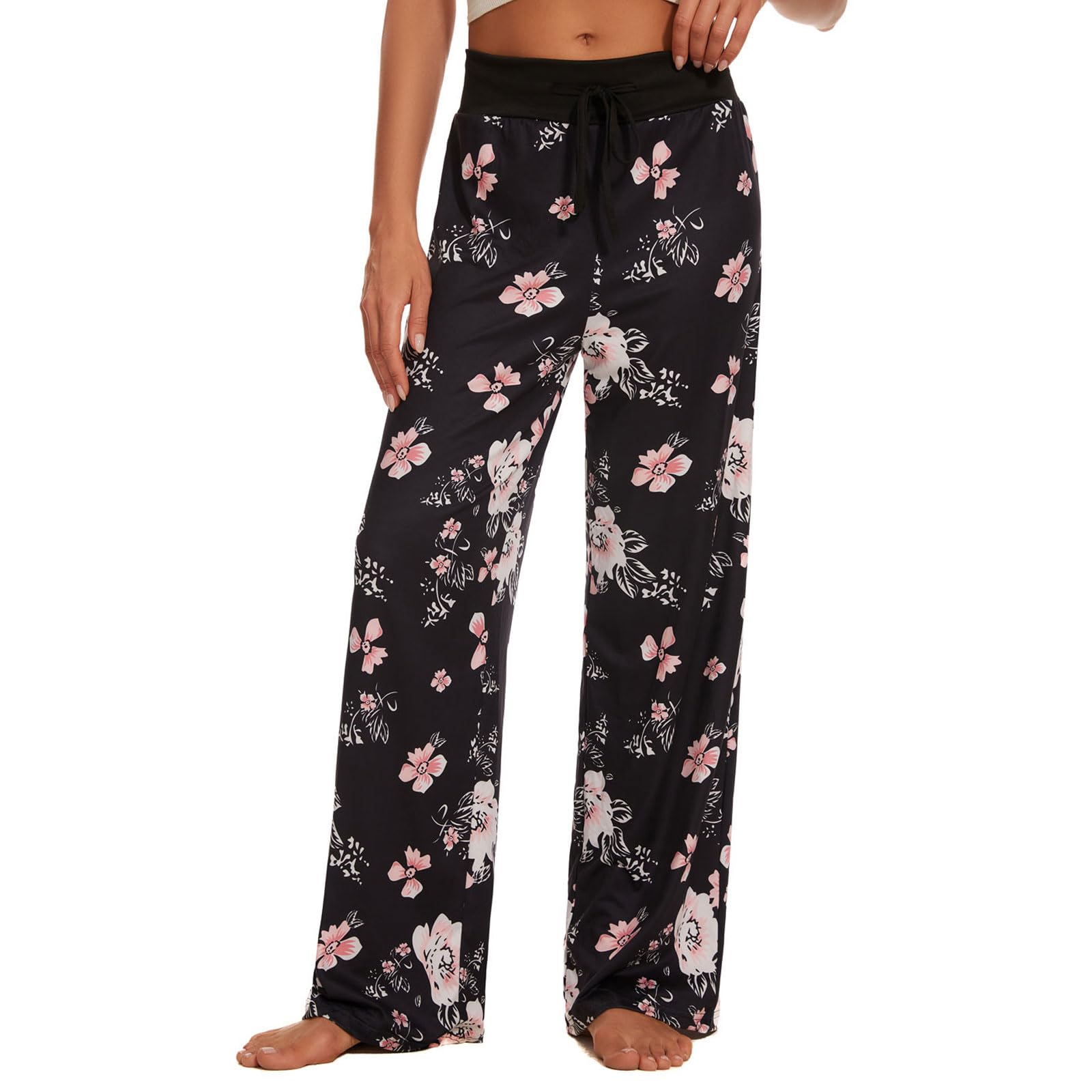 AMYTIS Damen Yogahose Stretch Freizeithose Bequeme Pyjamahose Schlafanzughose Lang Leichte Lounge Hose Hausanzug Hosen Relaxhose Sommerhose Weites Bein