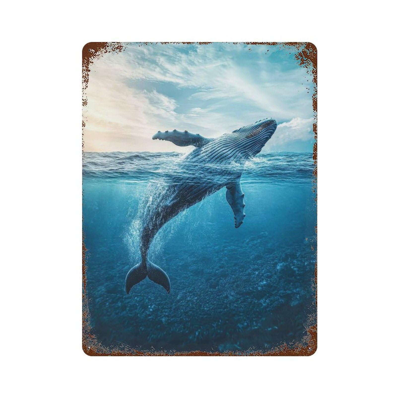 Aged Metal Wall Plaque with Humpback Whale Breaching Design 15.7"x11.8", for Basement, Hobby Room And Garage Decor, Classic Wall Plaque