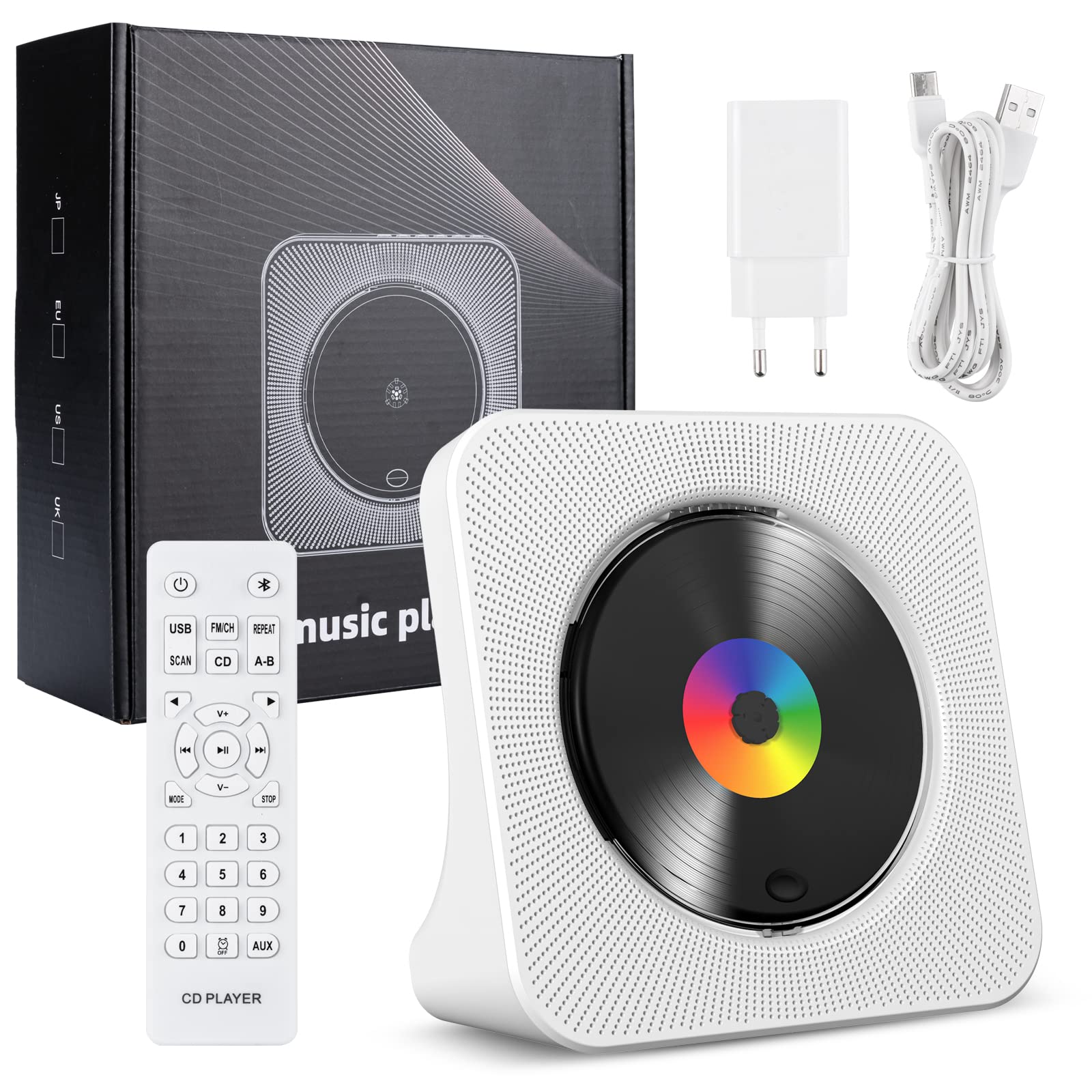 Lecteur CD de Bureau avec Bluetooth Gueray Lecteur CD Mural Haut-parleurs HiFi Intégrés Portables avec écran LED Audio Domestique Boombox Radio FM USB Type-c Lecteur de Musique MP3 (Blanc)