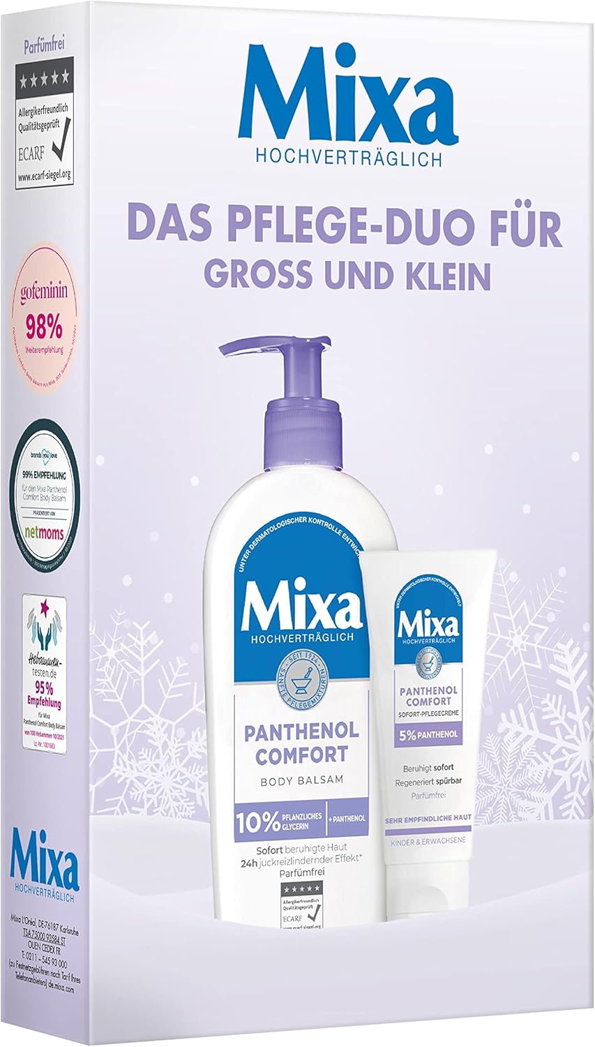 Mixa Panthenol verzorgingsset met direct verzorgende crème (50 ml) voor bodylotion (250 ml), voor de gevoelige, droge en geïrriteerde huid, met panthenol en glycerine, Panthenol Comfort Set (2-delig) Mixa Panthenol verzorgingsset met direct verzorgende crème (50 ml) voor bodylotion (250 ml), voor de gevoelige, droge en geïrriteerde huid, met panthenol en glycerine, Panthenol Comfort Set (2-delig)