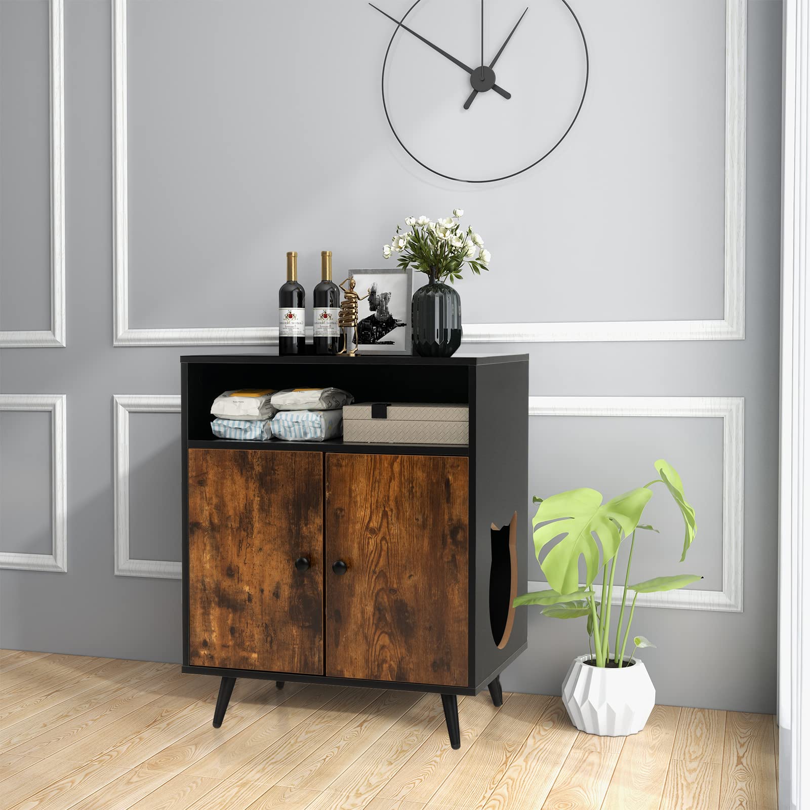 COSTWAY Mobile per Lettiera per Gatti, Casetta per Gatti con Ingresso, Gambe Inclinate e Scomparto Aperto, Tavolino in Legno Versatile per Salotto, 60 x 45 x 75 cm, Marrone e Nero